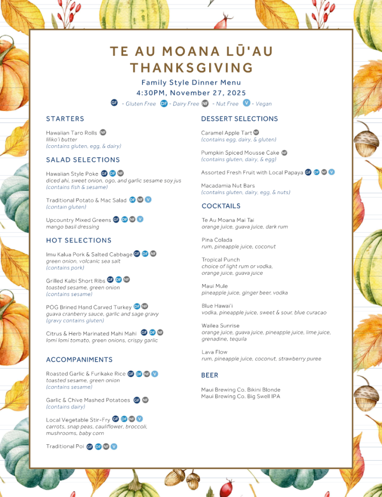 Thanksgiving menu with starters, salads, hot selections, accompaniments, desserts, cocktails, and beer options.