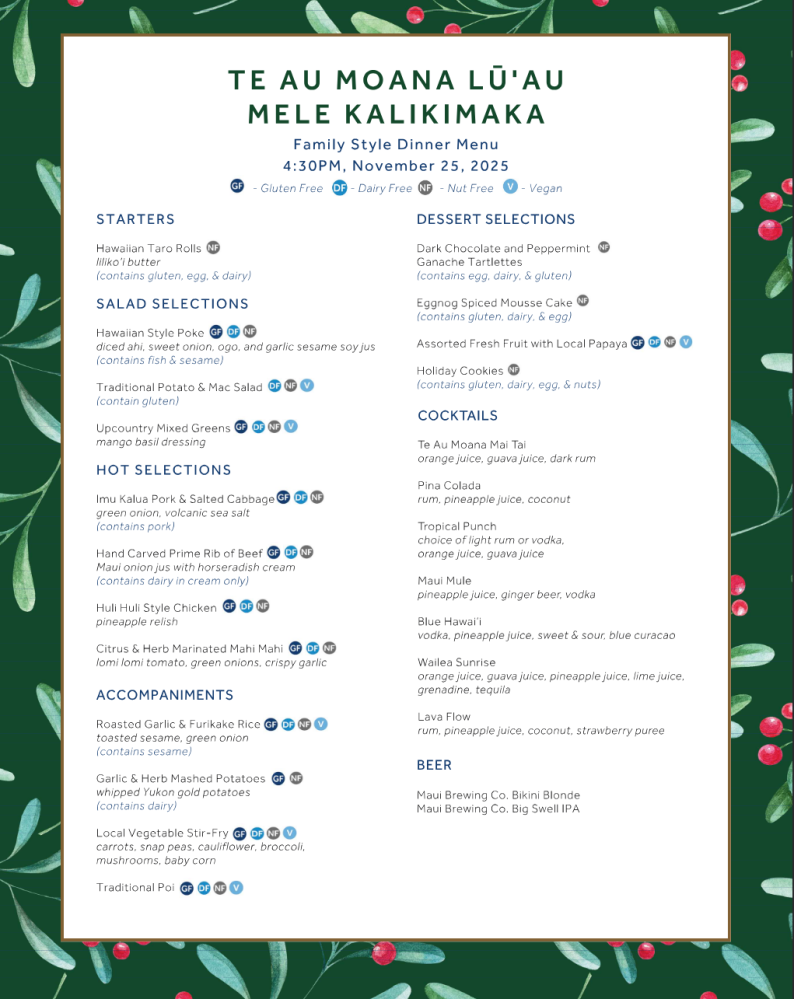 Holiday luʻau menu with starters, salads, hot dishes, desserts, cocktails, and beer options.