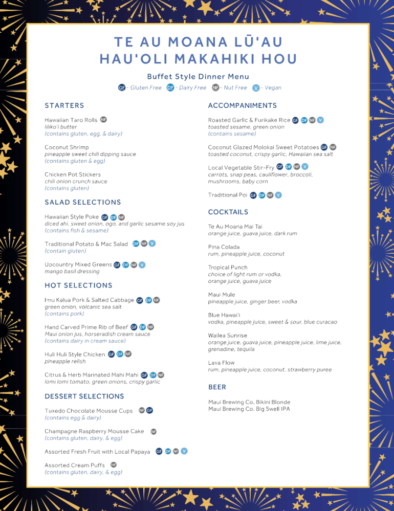 Holiday luʻau menu with starters, salads, hot dishes, desserts, cocktails, and beer options.
