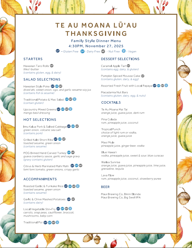 Holiday-themed menu with dishes like Hawaiian rolls, turkey, desserts, cocktails, and beers, surrounded by autumn leaves.