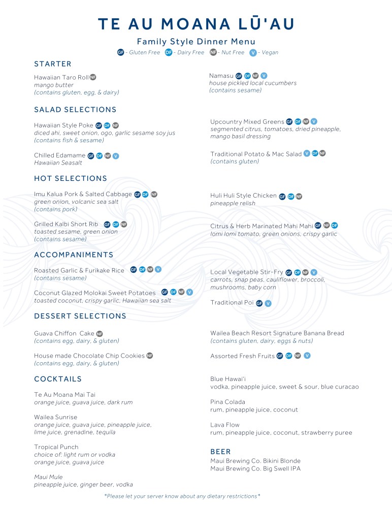 Te Au Moana Lū'au menu with starters, salads, hot selections, accompaniments, desserts, cocktails, and beer.
