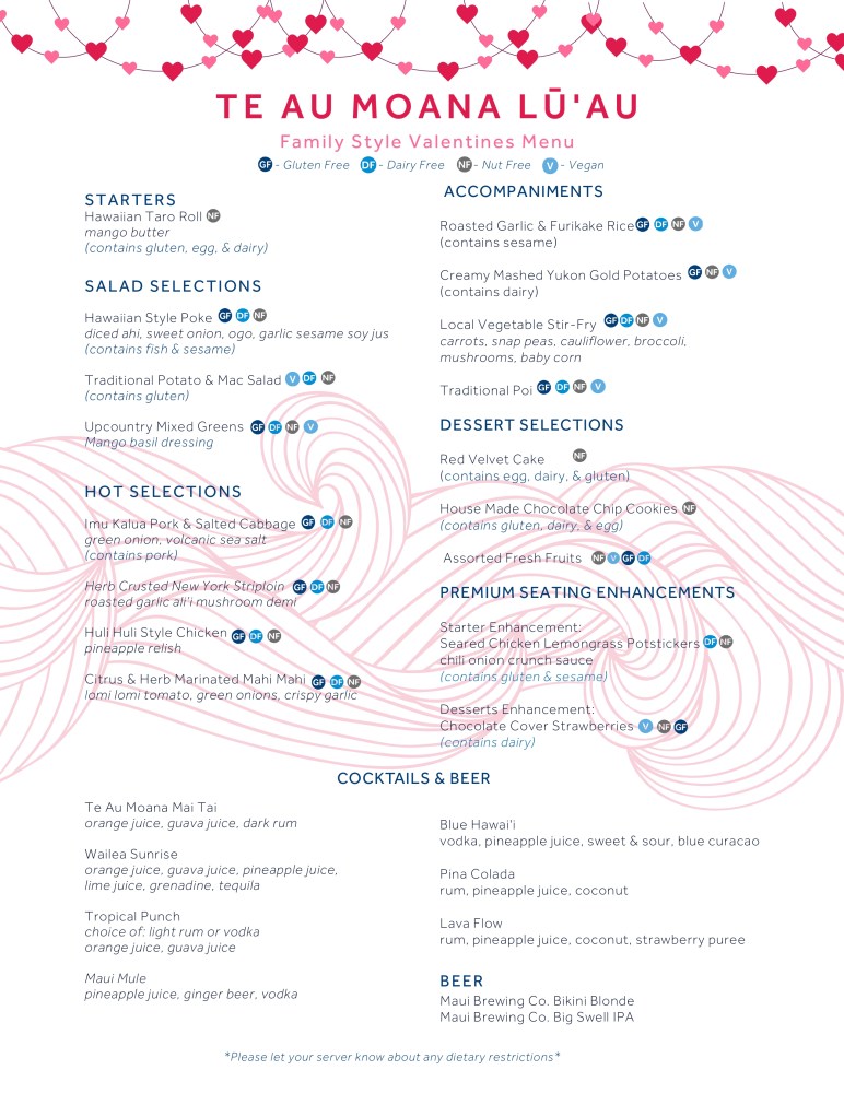 Valentine's menu with hearts, categories for starters, salads, hot selections, accompaniments, desserts, cocktails.